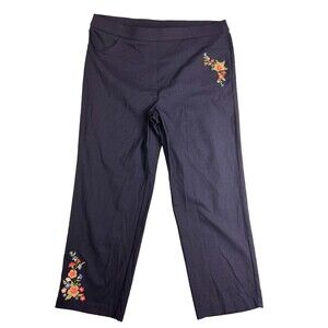 Alfred Dunner Women’s Navy Pull On Pants Size 16 Embroidered Floral Stretch